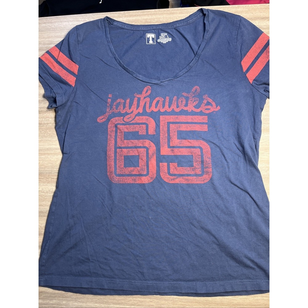 KU Kansas Jayhawks V-Neck TShirt Womens‎ Size Large Blue Cotton